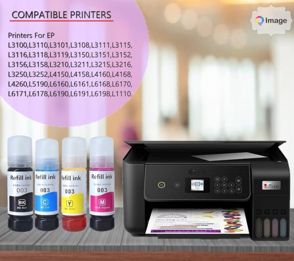 003 Ink Compatible Ink for Epson L3100, L3110, L3150, L5190, L1110, L4150, L6170, L4160, L6190, L6160 (CYMB Set) - Image 3