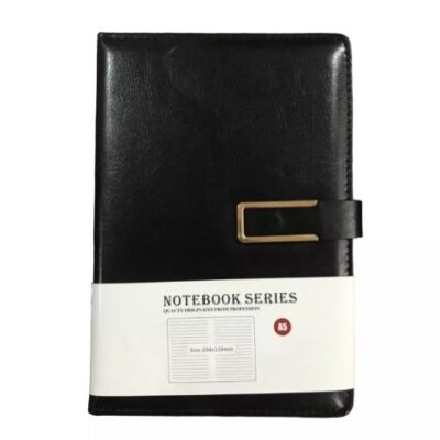 Elegant Black Leather Diary with Gold Buckle – Lined Journal for Notes and Memos